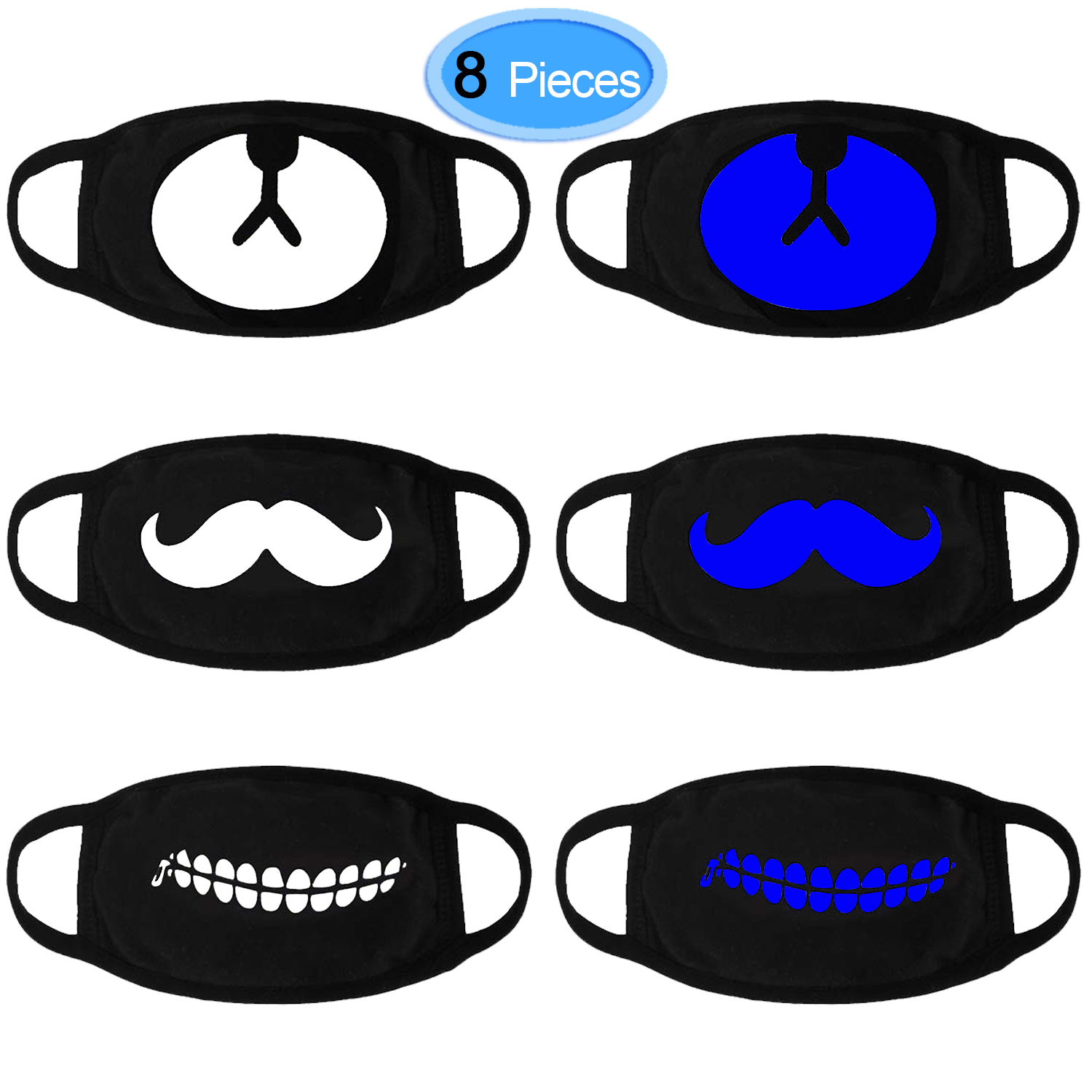 Mouth Mask, EAONE 8 Packs Cool Luminous Unisex Face Mask Cute Pattern Kpop Mask Washable Anti Dust Cotton Mouth Face Mask for Teens Men and Women (Black with Blue Fluorescence) 